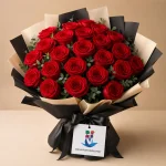 A bouquet of 20 red roses black and beige wrapping