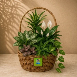 A mixed indoor-plant basket containing approximately 6 varieties